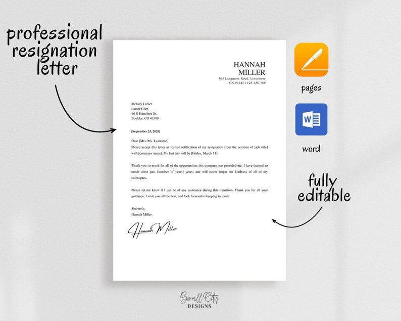 Resignation letter template, Resignation letter, Resignation, Editable resignation letter, Customizable for mac pages and word image 1