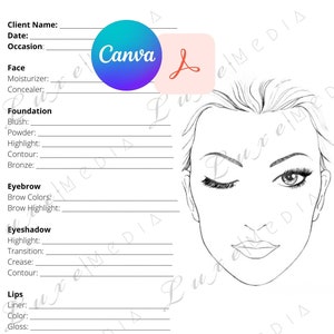 May include: A printable makeup chart with a blank face outline and a list of makeup categories, including foundation, blush, highlight, contour, eyebrow, eyeshadow, and lips. The chart includes spaces to list the products used for each category.