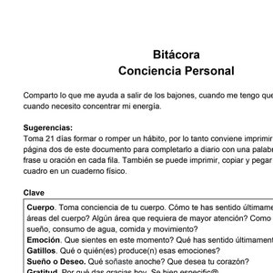 May include: A black and white printable journal page with the title "Bitácora Conciencia Personal". The page includes a section for "Sugerencias" and "Clave" with prompts for self-reflection on topics such as body awareness, emotions, and gratitude.
