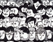 People Faces Patterned Upholstery Decorative Monocolor Black White Fabric by the Yard