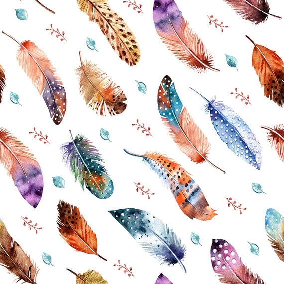 Colorful Exotic Bird Feather Watercolor Pattern Fabric White - Etsy