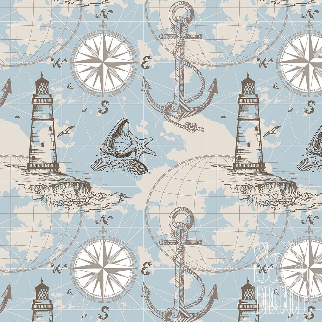 Lighthouse Naval Pale Blue Sea Patterns Decorative Upholstery Fabric ...
