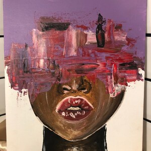 carton toilé - Peinture acrylique - Portrait femme - Abstrait - Violet - Pièce unique