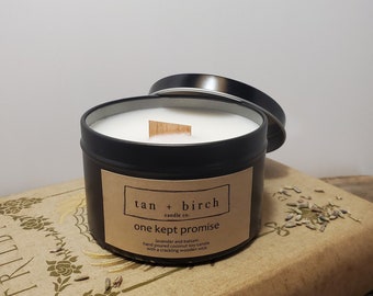 One Kept Promise. 7oz hand-poured lavender and balsam scented coconut soy candle with a wooden wick that crackles