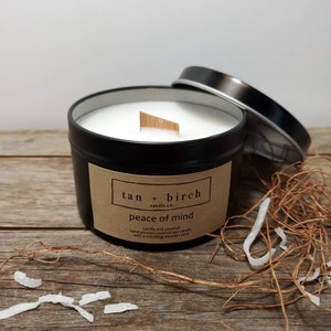 Peace of Mind. 7oz hand-poured vanilla and coconut scented coconut soy candle with a wooden wick that crackles