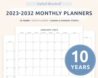 2023-2032 Monthly Planner, Horizontal Monthly Calendar, Printable Monthly Overview, 2023, 2024, A4 & US Letter