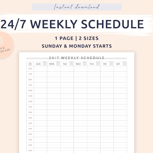 24/7 Weekly Schedule Printable Weekly Timetable Time - Etsy