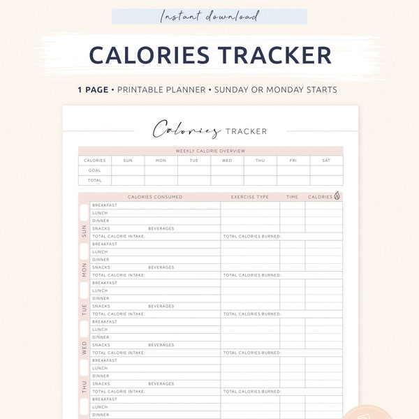 Calorie Tracker, Printable Food Calories Journal, Meal planner, Fitness Planner, Diet Planner, PDF, A4, A5, Letter size