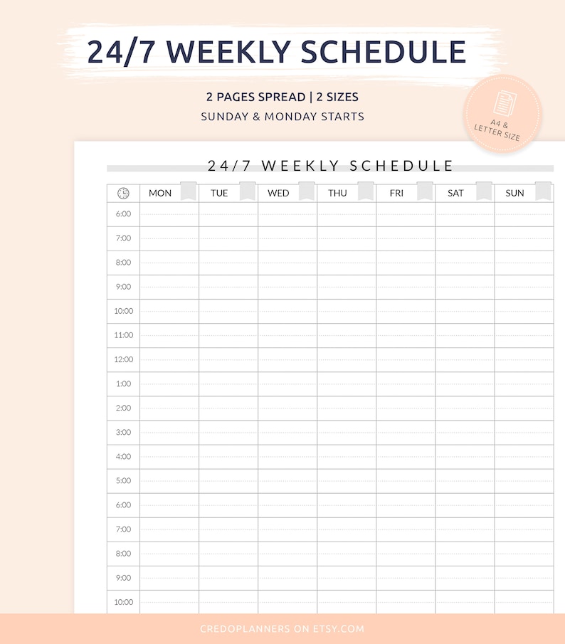 24/7 Weekly Schedule Printable Weekly Timetable Time Etsy UK