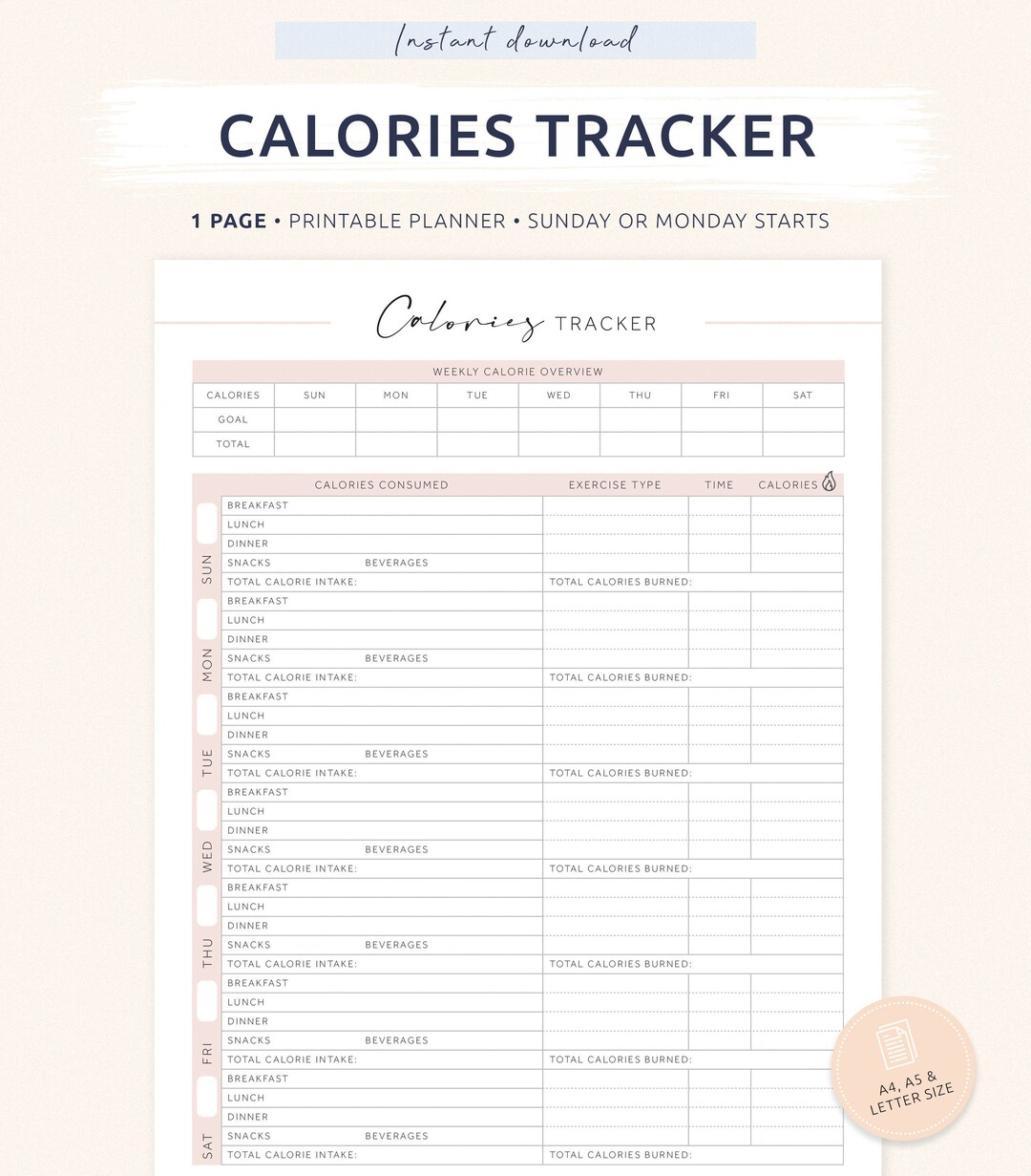 Calorie Tracker, Printable Food Calories Journal, Meal Planner, Fitness