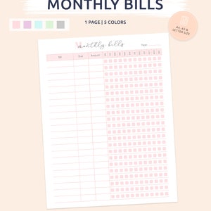 Monthly Bills Tracker Bill Organizer Bill Due Checklist A4 - Etsy