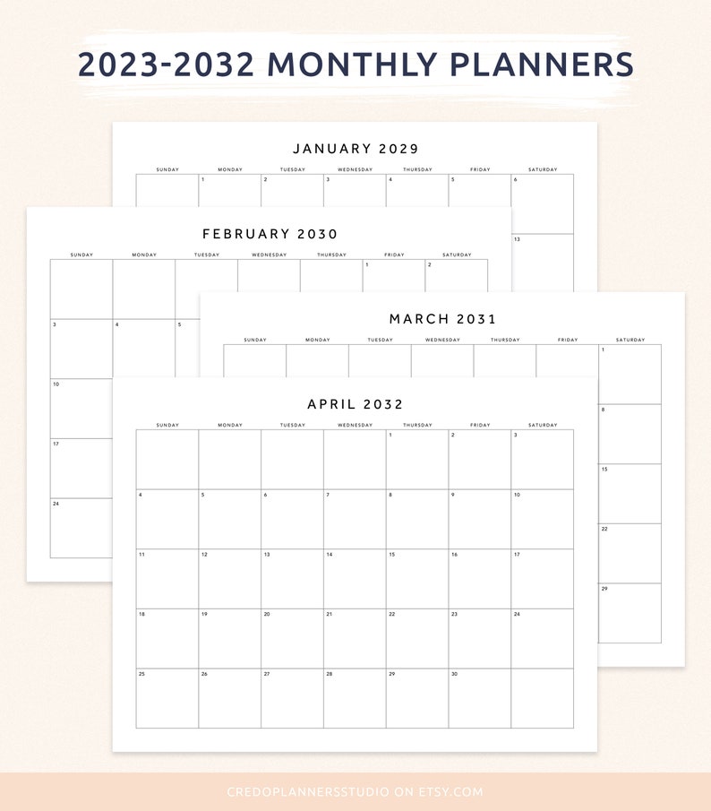 20232032 Monthly Planner, Horizontal Monthly Calendar, Printable