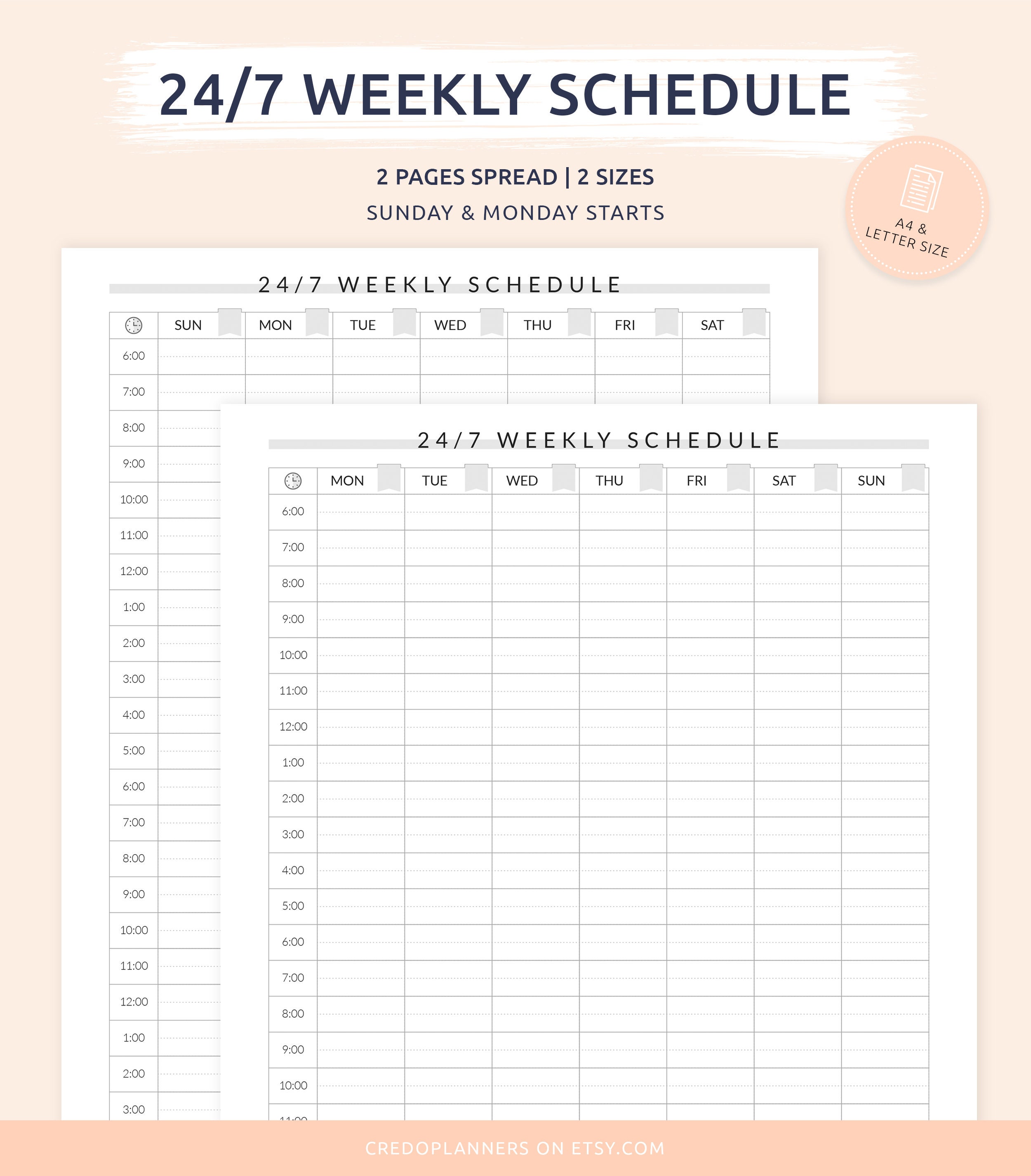 24/7 Weekly Schedule Printable Weekly Timetable Time - Etsy