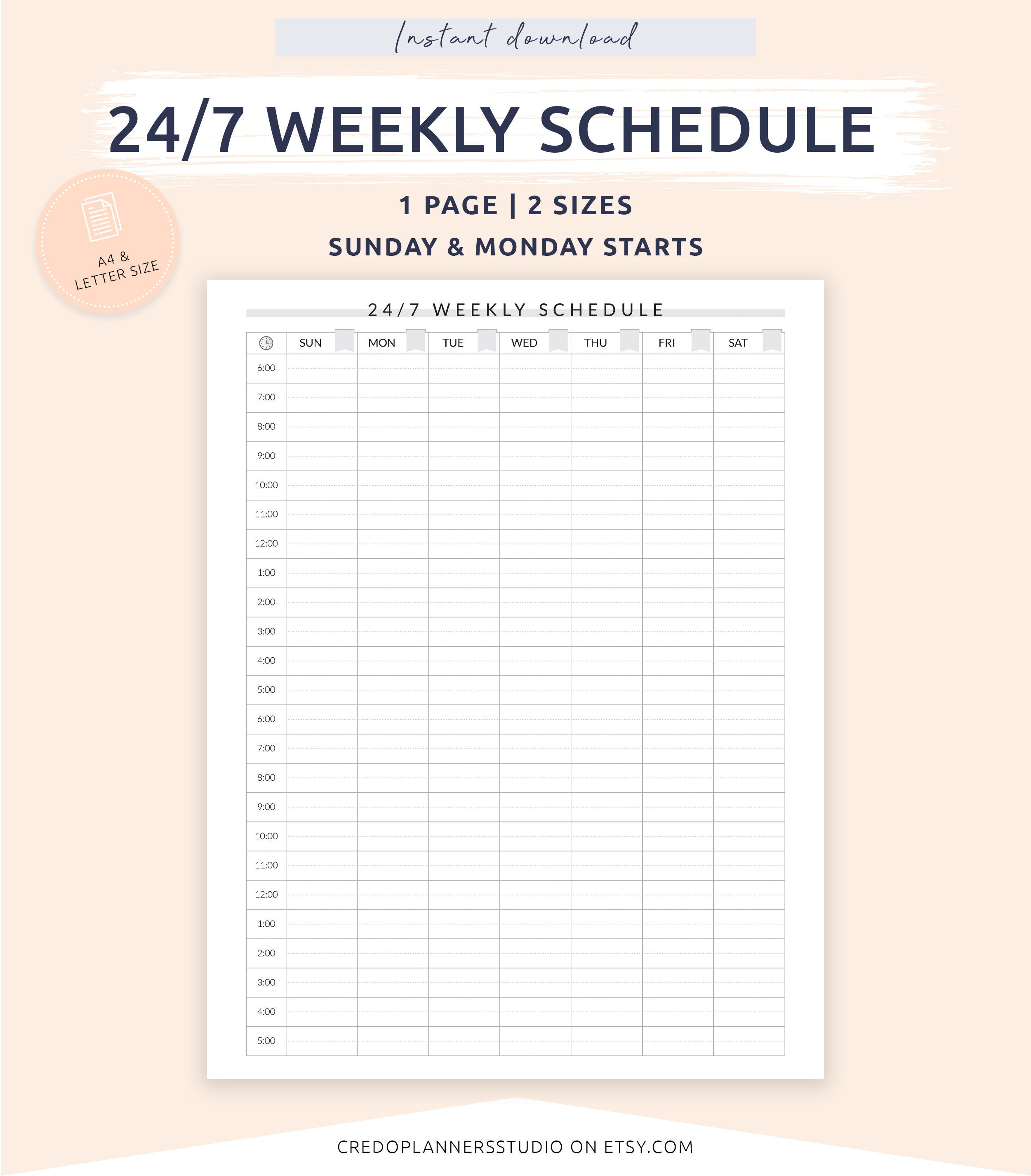 24/7 Weekly Schedule Printable Weekly Timetable Time Etsy Singapore