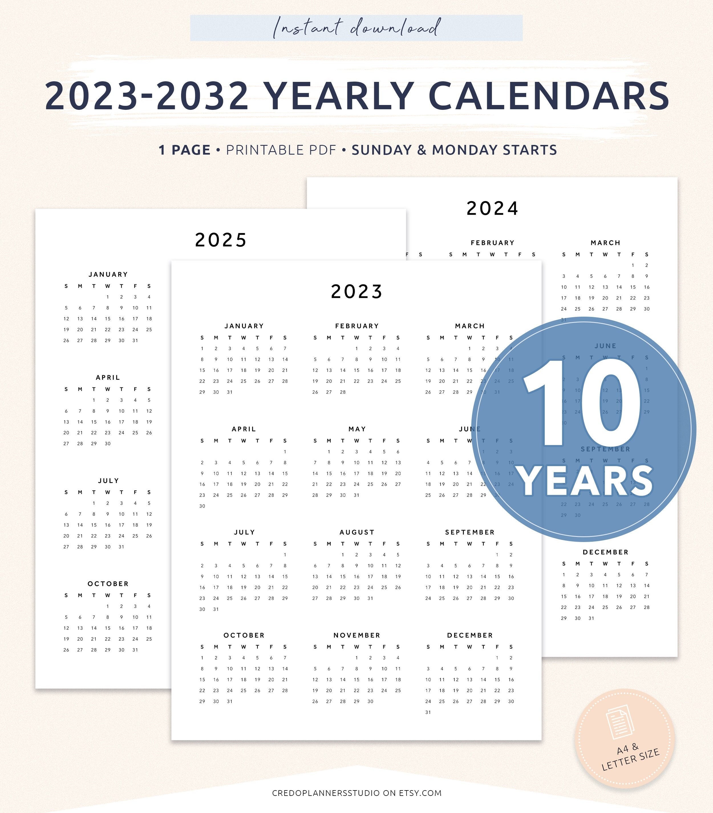 2023-2032 Year Calendar Printable, Year at A Glance Calendar, Annual ...