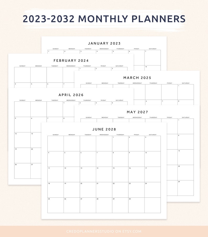 20232032 Monthly Planner, Horizontal Monthly Calendar, Printable