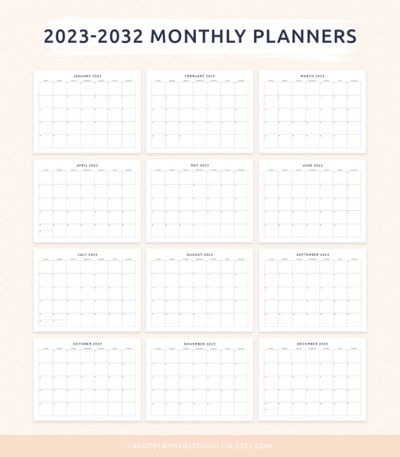 2023-2032 Monthly Planner, Horizontal Monthly Calendar, Printable Monthly  Overview, 2023, 2024, 2025, A4 & US Letter - Etsy