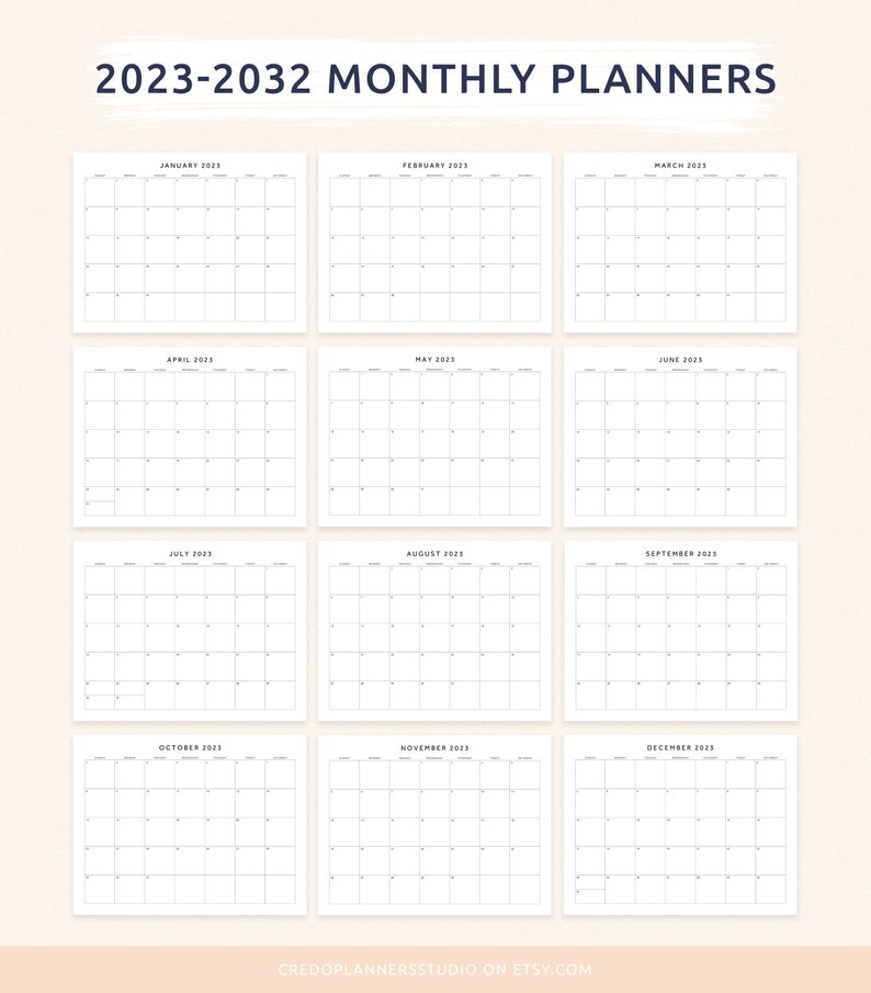 20232032 Monthly Planner, Horizontal Monthly Calendar, Printable