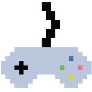 Op de afbeelding: Een gepixelde illustratie van een grijze videogamecontroller met een zwart snoer. De controller heeft een zwarte plusknop, vier gekleurde knoppen en een grijze achtergrond.
