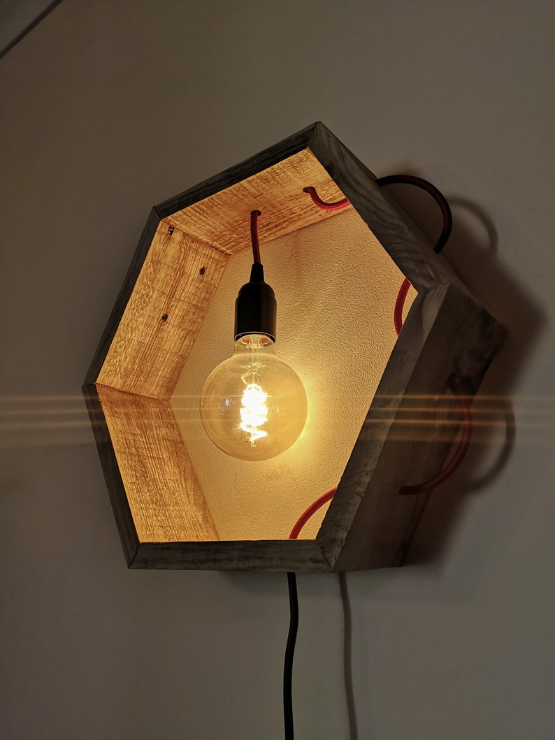 Wall Mounted Hexagon Bedside Light Reclaimed Wood Wall Light Etsy