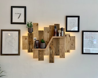 Reclaimed Wood Backlit Wall Panel, Handmade Wall Art with Shelf