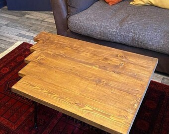Reclaimed wood staggered coffee table with hairpin legs, UK handmade