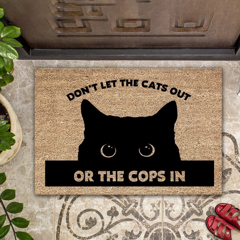 Don't Let the Cats Out or the Cops in Coir Doormat, Black Cat