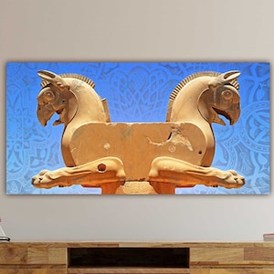 Huma Bird Canvas Art: Persepolis Column Capital, Iranian Decor