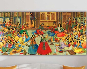 Antique Persian Miniature Canvas Art: Bazm o Raghs Wall Decor
