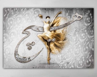 May include: A gold ballerina dancer silhouette is superimposed on a gray background with white Arabic calligraphy. The dancer is in a leaping pose with her arms outstretched.