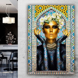 Persische Mädchen Leinwand Kunst: Traditionelle Fliese & Kalligraphie Wanddekor