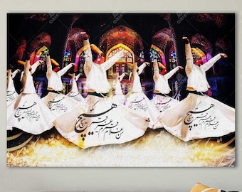 May include: A colorful abstract painting featuring a group of people in white robes performing a whirling dance. The background is a dark, ornate setting with colorful stained glass windows. The painting is filled with intricate details and vibrant colors.
