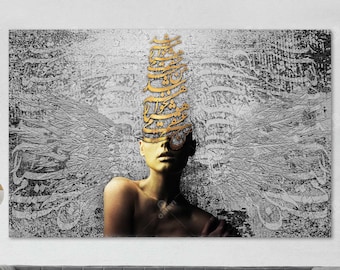 May include: A black and white abstract painting with gold accents. The painting features a woman's face with a gold crown of calligraphy over her eyes. The background is a textured, abstract design.