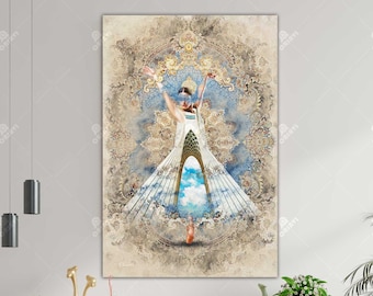 May include: A watercolor painting of a woman in a white dress standing on a bridge with a blue sky and clouds in the background. The bridge is decorated with intricate patterns and the woman's dress is flowing in the wind.