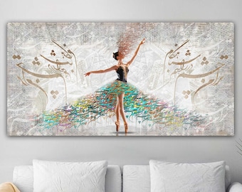 May include: A ballerina in a black leotard and a flowing turquoise, green, and yellow skirt made of colorful calligraphy. The background is a white canvas with a subtle gray texture.
