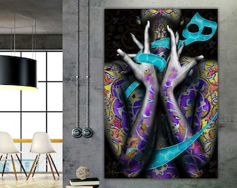 May include: A large canvas art print featuring a stylized depiction of hands with intricate purple and teal patterns. The artwork includes teal ribbons and a teal Arabic script element, set against a backdrop of colorful floral designs.