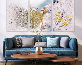 May include: A three-piece canvas art print set featuring a dancer in a gold dress against a white and blue background. The dancer is in mid-air, and the dress is flowing around her. The background is abstract and features swirls of white and blue paint. The text in the image is in Arabic.