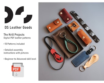 The Krill Projects leather PDF pattern, DYI leather patterns for keyrings, bracelet, watch tray, key fobs, glasses necklace, belt keys clip