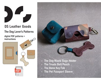 The Dog Lover's leather PDF pattern bundle: dog waste bags holder, pet passport sleeve, dog treats belt pouch, bone key fob, leather pattern