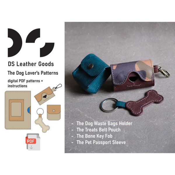 The Dog Lover's leather PDF pattern bundle: dog waste bags holder, pet passport sleeve, dog treats belt pouch, bone key fob, leather pattern