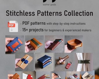 Stitchless Leather Patterns Bundle, 15+ No-Sew Leathercraft Projects - wallets, bag, accessories