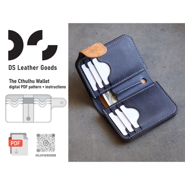 El patrón de billetera de cuero de Cthulhu, plantilla de billetera, patrón de billetera bifold, patrón de billetera media, billetera japonesa pdf, patrón de cuero pdf