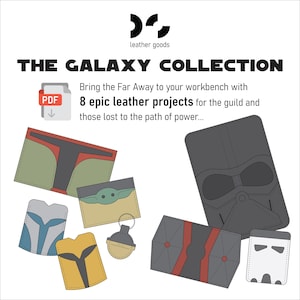 May include: An illustration of leather goods, including wallets and a keychain, with designs inspired by a galaxy theme. The text reads "THE GALAXY COLLECTION" and "8 epic leather projects". The color palette includes green, grey, yellow, and blue.