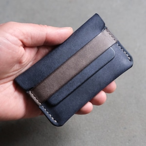 May include: A dark blue leather wallet with a brown leather insert. The wallet has a stitched edge and a flap closure.