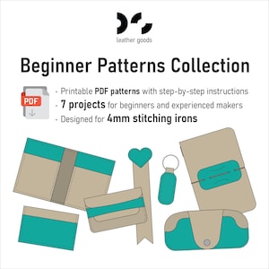 Può includere: Una collezione di modelli per articoli in pelle per principianti. L'immagine mostra diversi progetti in pelle, tra cui un portafoglio, un porta carte, un segnalibro, un portachiavi, una copertina per notebook e un astuccio per occhiali. I modelli sono progettati per ferri da stiro da 4 mm e includono istruzioni passo passo.