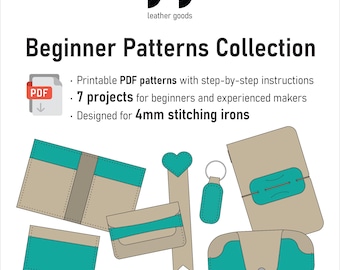 Beginner Leather Pattern Bundle, 7 Easy Leathercraft PDF Templates, DIY Wallets and Accessories, 4mm irons