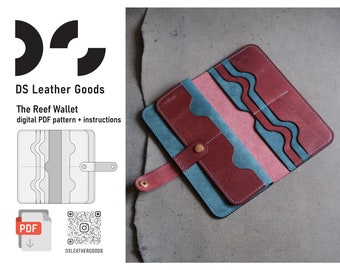 The Reef Leather Long Wallet PDF Pattern: 8 card pockets, a coin pocket, 2 cash compartments