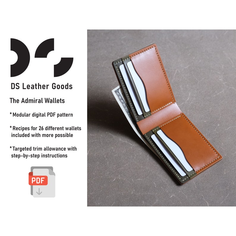 The Admiral Wallets modular pdf pattern, bifold wallet pattern, leather wallet pattern, billfold wallet template, leather pattern pdf, cardholder pattern, DS Leather Goods