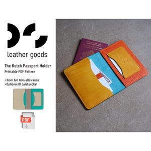 May include: A handmade leather passport holder in shades of orange, yellow, and blue. The holder has multiple pockets and a card slot. The text "leather goods" and "The Ketch Passport Holder" are visible.