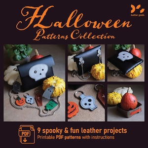 Può includere: Una collezione di nove modelli di artigianato in pelle a tema Halloween in formato PDF stampabile. L'immagine mostra articoli in pelle finiti, tra cui una borsa nera con teschio, vari portachiavi a forma di fantasmi, zucche, bare e un vassoio.